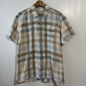 Oliver Spencer Men's Shirt 15.5 Button Up Linen Cotton Blend Plaid Short Sleeve